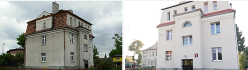 dwa połączone zdjęcia przedstawiające budynek wielorodzinny przed i po remoncie