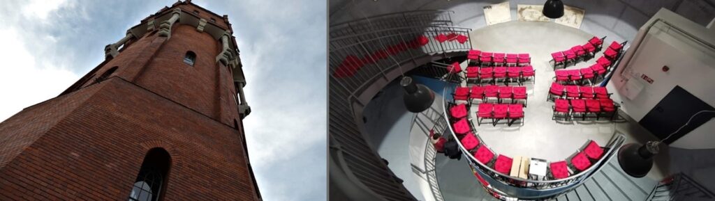 dwa połączone  zdjęcia na pierwszym widok wieży ciśnień z ulicy, na drugim pomieszczenie wewnątrz wieży z ustawionymi czerwonymi krzesłami