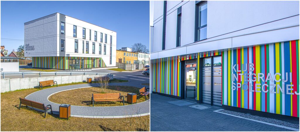 Dwa zdjęcia na których widać dwukondygnacyjny biały budynek z kolorowym pomalowanym w pionowe paski parterem z dużym napisem Klub Integracji Społecznej