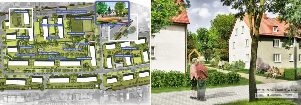 Dwa zdjęcia połączone przedstawiające koncepcję zagospodarowania osiedla 