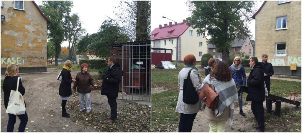 Dwa zdjęcia na każdym z nich na osiedlu, w nieuporządkowanej przestrzeni urzędnicy, rozmawiają z mieszkańcami