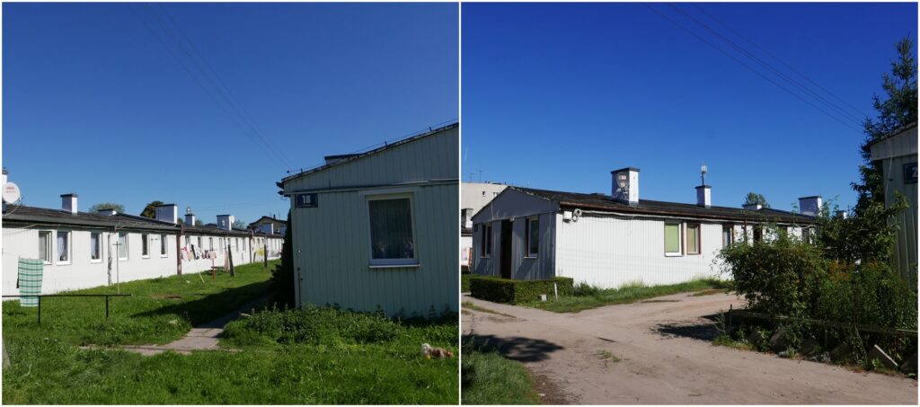 Dwa połączone zdjęcia na pierwszym i na drugim zdjęciu widać parterowe pomalowane na biało budynki mieszklne pokryte dachem dwuspoadowym z papy