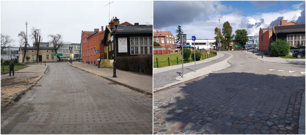 dwa zdjęcia przedstawiające ulice przed i po remoncie