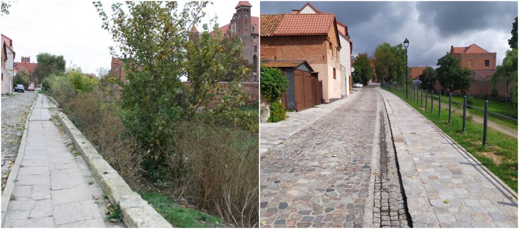 dwa zdjęcia przedstawiające ulicę przed i po remoncie 