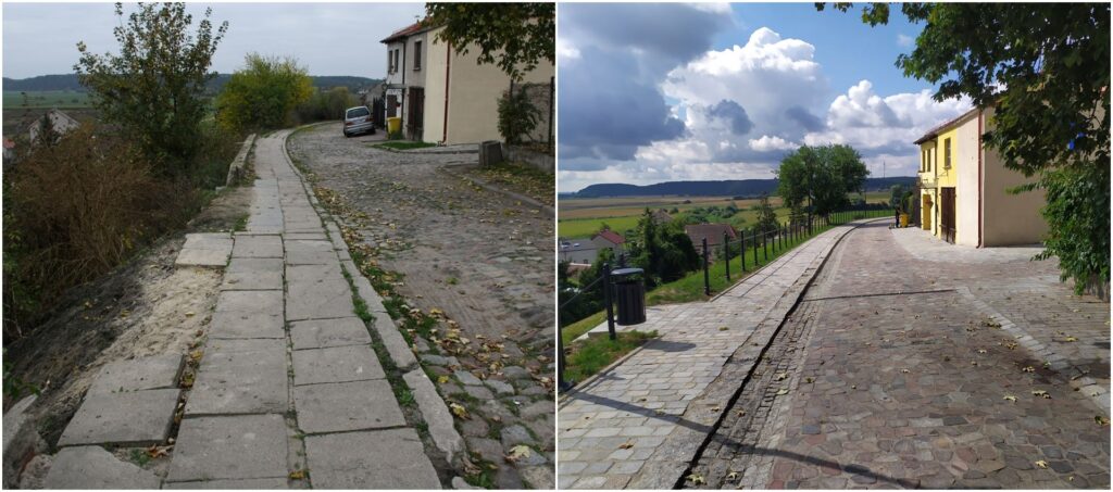 dwa zdjęcia przedstawiające ulicę przed i po remoncie 