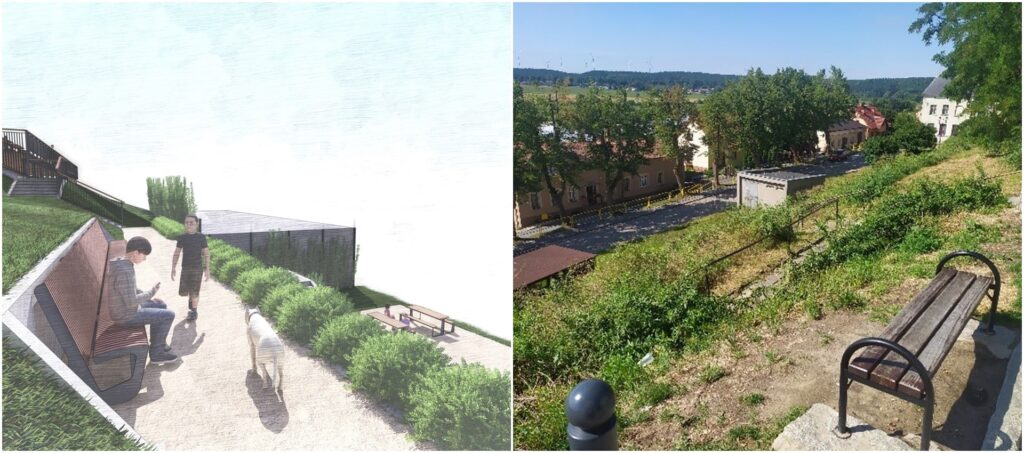  dwa zdjęcia na których widać zieloną skarpę przed zagospodarowaniem i a na drugim docelowa wizualizacja schodów i punktu widokowego 