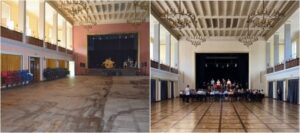 Dwa połączone zdjęcia przedstawiające na jednym dużą salę koncertową przed remontem i na drugim po remoncie