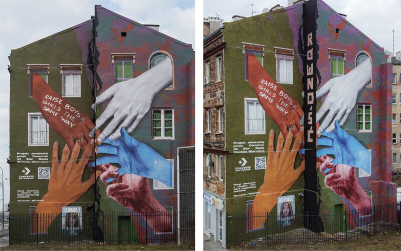 Dwa zdjęcia połączone przedstawiające na każdym ten sam budynek ten sam budynek wielorodzinny, piętrowy, na którym został umieszczony mural. Mural przedstawia 5 różnokolorowych dłoni stykających się palcami.